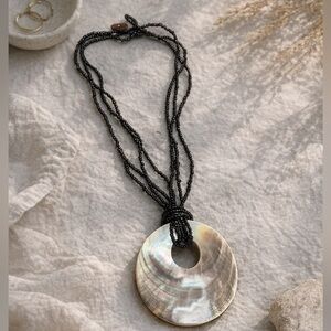 Mother of Pearl Pendant Necklace Multi Strand Black Beaded Cord Boho Minimalist